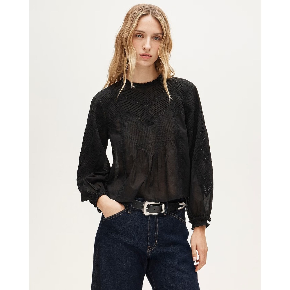 J.Crew Point Sur pintuck swiss dot black Medium classic jeans‎ blouse preppy EUC
